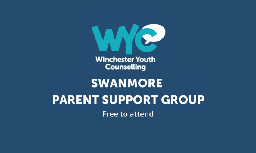 Image shows the Winchester Youth Counselling logo - the letters WYC with a speech bubble, and the text Swanmore Parent Support Group free to attend